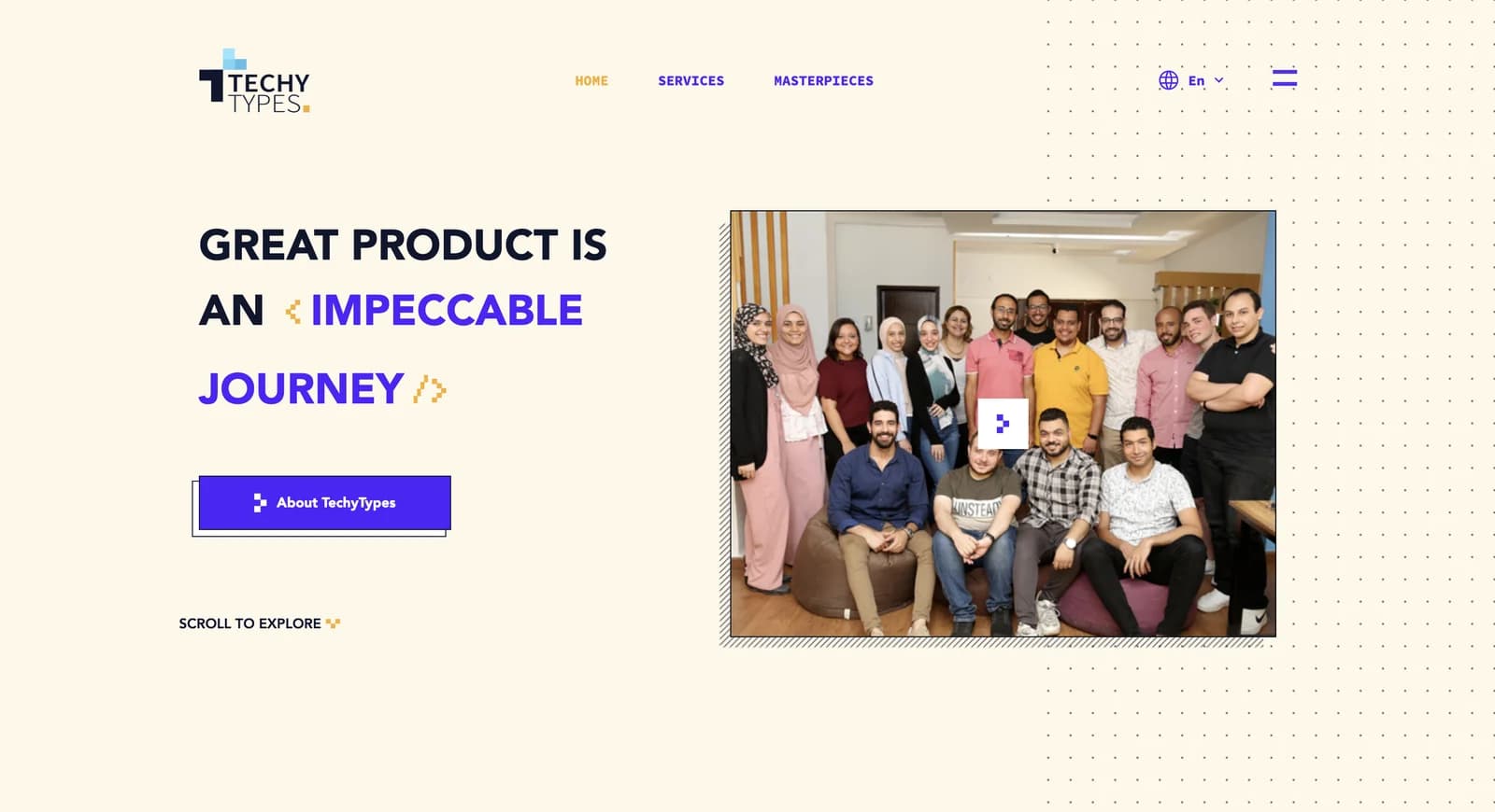 TechyTypes website with a cream background, purple typography and a team photograph