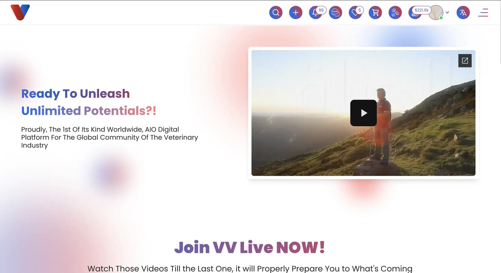 V-Verse community platform homepage with navigation and a video introduction